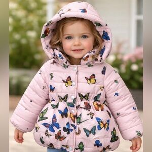 Girls toddler coat jacket outerwear 2-3 years pink butterfly pattern hooded